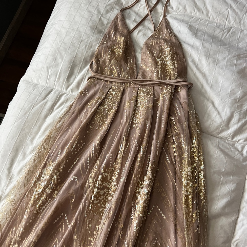 SHOWPO beige maxi dress with gold glitter